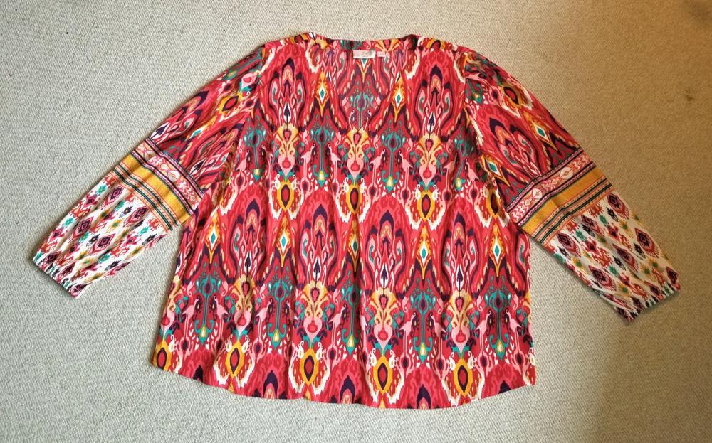Womens Top-BELLE BOHO BY KIM GRAVEL-red/teal/white patterned silky maximalist-4X